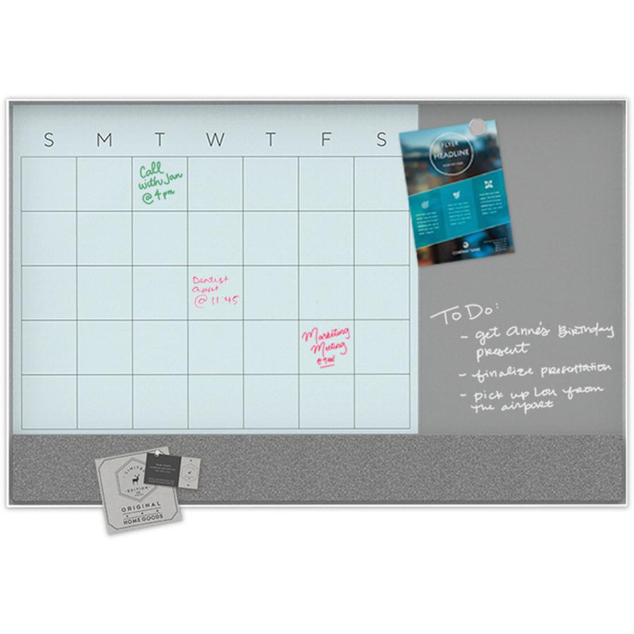 U Brands Magnetic Glass Dry Erase 3-in-1 Calendar Board - 35" (2.9 ft) Width x 47" (3.9 ft) Height - White Tempered Glass Surface - White Aluminum Frame - Rectangle - Horizontal - Magnetic - 1 Each. Picture 2