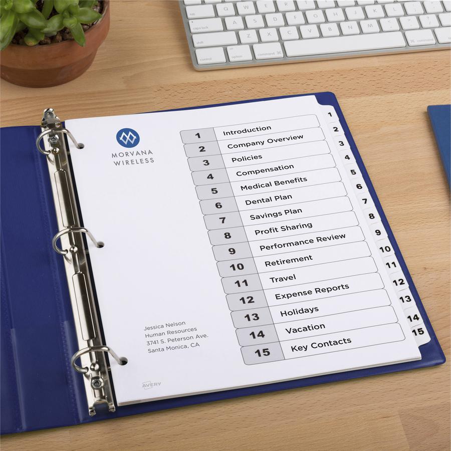 Avery&reg; 15-tab Custom Table of Contents Dividers - 90 x Divider(s) - 1-15, Table of Contents - 15 Tab(s)/Set - 8.5" Divider Width x 11" Divider Length - 3 Hole Punched - White Paper Divider - White. Picture 2