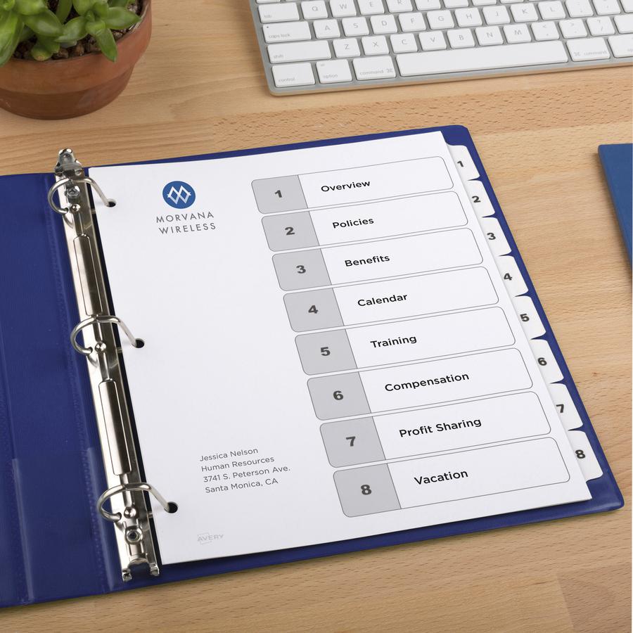 Avery&reg; 8-tab Custom Table of Contents Dividers - 48 x Divider(s) - 1-8, Table of Contents - 8 Tab(s)/Set - 8.5" Divider Width x 11" Divider Length - 3 Hole Punched - White Paper Divider - White Pa. Picture 2