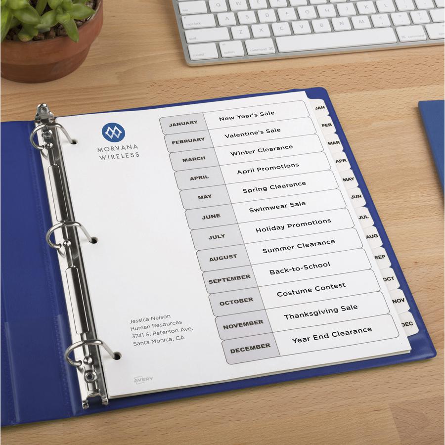 Avery&reg; Monthly Tab Table of Contents Dividers - 72 x Divider(s) - Jan-Dec, Table of Contents - 12 Tab(s)/Set - 8.5" Divider Width x 11" Divider Length - 3 Hole Punched - White Paper Divider - Whit. Picture 2