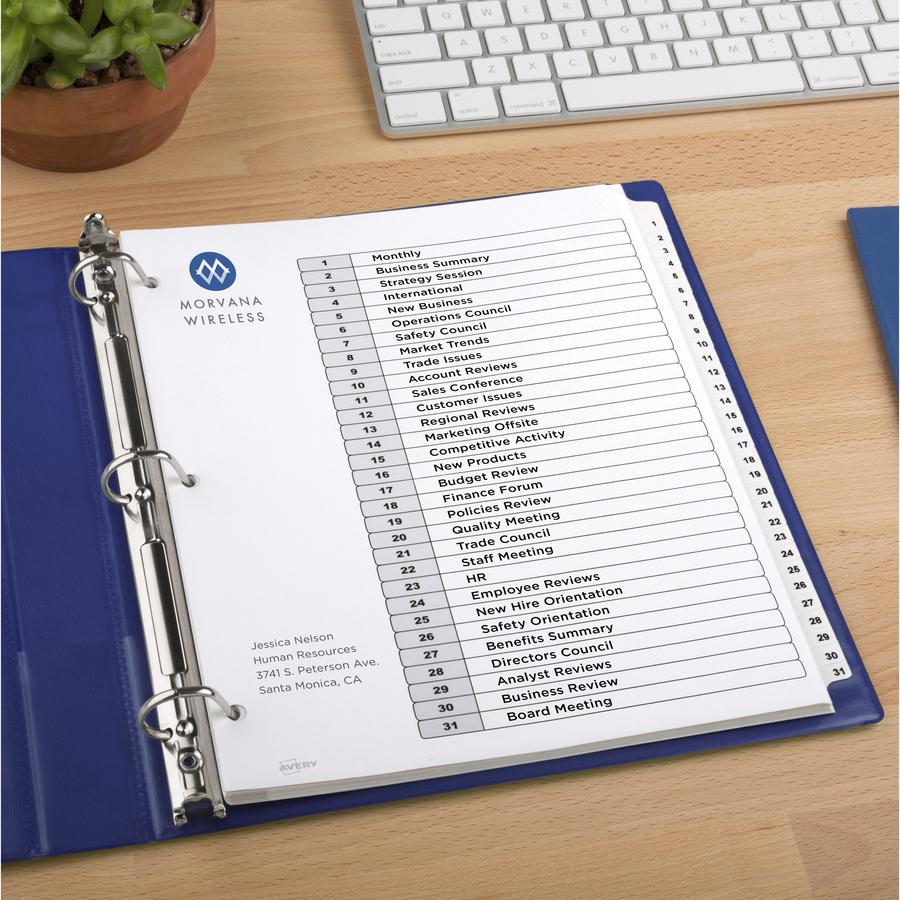 Avery&reg; 1-31 Custom Table of Contents Dividers - 186 x Divider(s) - 1-31, Table of Contents - 31 Tab(s)/Set - 8.5" Divider Width x 11" Divider Length - 3 Hole Punched - White Paper Divider - White . Picture 2