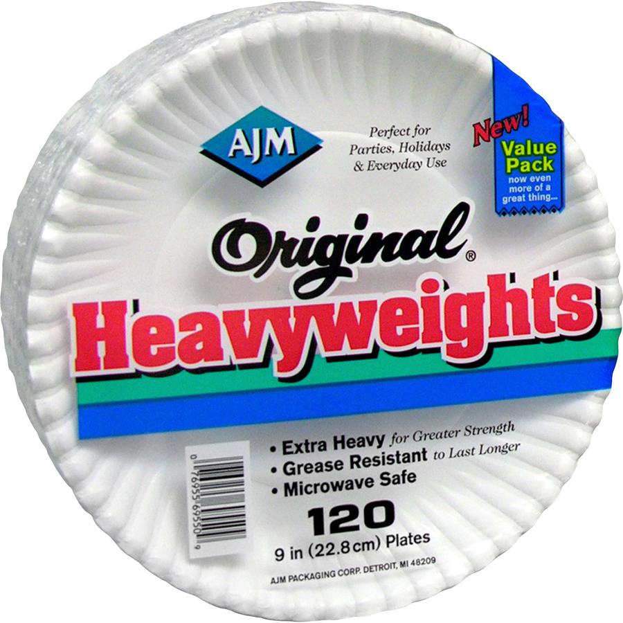 AJM 9" Original Heavyweight Plates - 120 / Pack - Serving, Reheating - Disposable - Microwave Safe - 9" Diameter - White - Paper Body - 8 / Carton. Picture 2