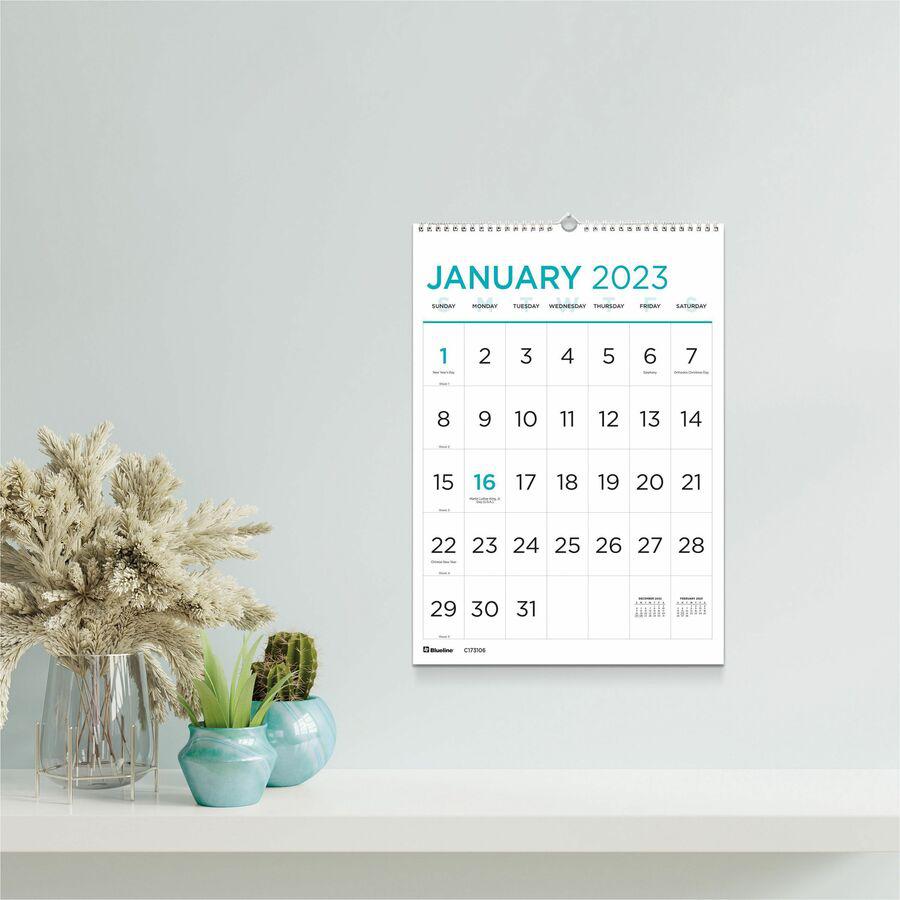 Blueline Large Print Monthly Wall Calendar - Monthly - 12 Month - January 2024 - December 2024 - 1 Month Single Page Layout - Twin Wire - Light Blue - Chipboard - 17" Height x 12" Width - Sturdy, Rein. Picture 2