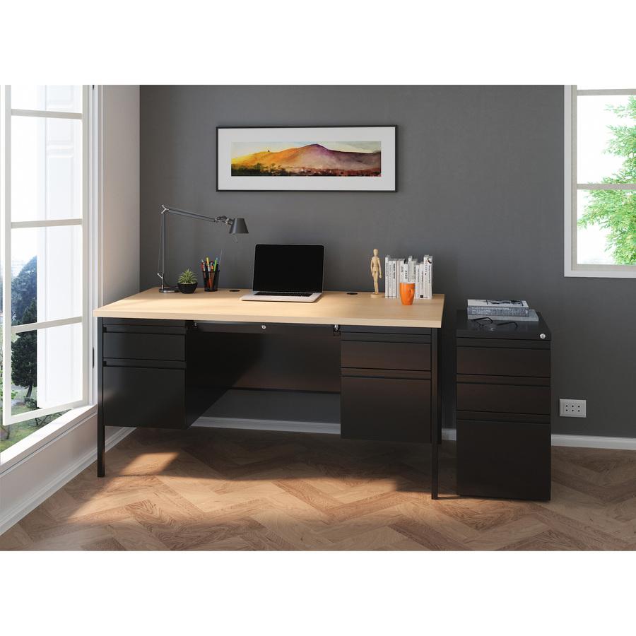 Lorell Fortress Series Double-Pedestal Desk - 60" x 29.5"30" , 1.1" Top, 0.8" Modesty Panel - File Drawer(s) - Double Pedestal - Square Edge - Material: Steel - Finish: Black. Picture 2
