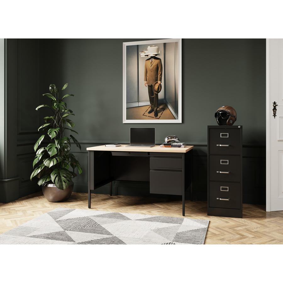 Lorell Fortress Series 48" Right Single-Pedestal Desk - 48" x 29.5"30" , 0.8" Modesty Panel, 1.1" Top - Single Pedestal on Right Side - Square Edge - Material: Steel - Finish: Black. Picture 2