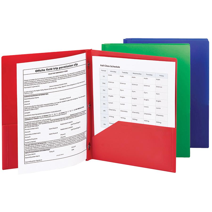 Smead Letter Fastener Folder - 8 1/2" x 11" - 180 Sheet Capacity - 2 x Double Tang Fastener(s) - 2 Inside Back Pocket(s) - Polypropylene - Red, Green, Blue - 72 / Carton. Picture 6
