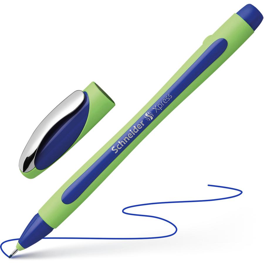 Schneider Xpress Fineliner Pen - Medium Pen Point - 0.8 mm Pen Point Size - Blue - Blue Rubberized, Green Barrel - Stainless Steel Tip - 10 / Pack. Picture 2