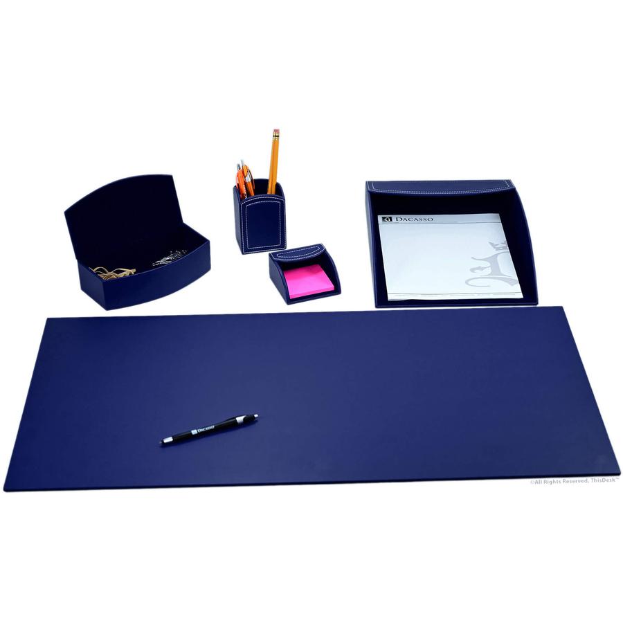 Dacasso Home/Office Leather 5Pc Desk Accessory Set - Navy Blue - Velveteen, PU Leather - Navy Blue - 1 Each. Picture 3