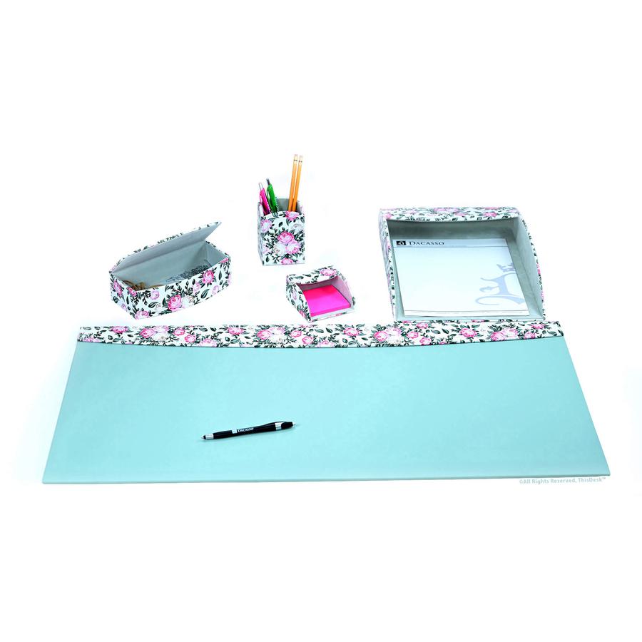 Dacasso Home/Office Leather 5Pc Desk Accessory Set - Floral White - Velveteen, PU Leather - Floral White - 1 Each. Picture 2
