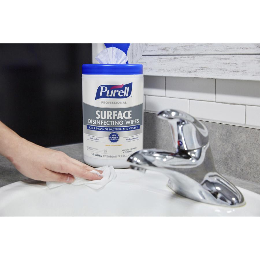PURELL&reg; Professional Surface Disinfecting Wipes - Ready-To-Use - Fresh Citrus Scent - 8" Length x 7" Width - 110 / Canister - 1 Each - Disinfectant, Odor-free, Rinse-free, Durable, Chemical-free. Picture 2
