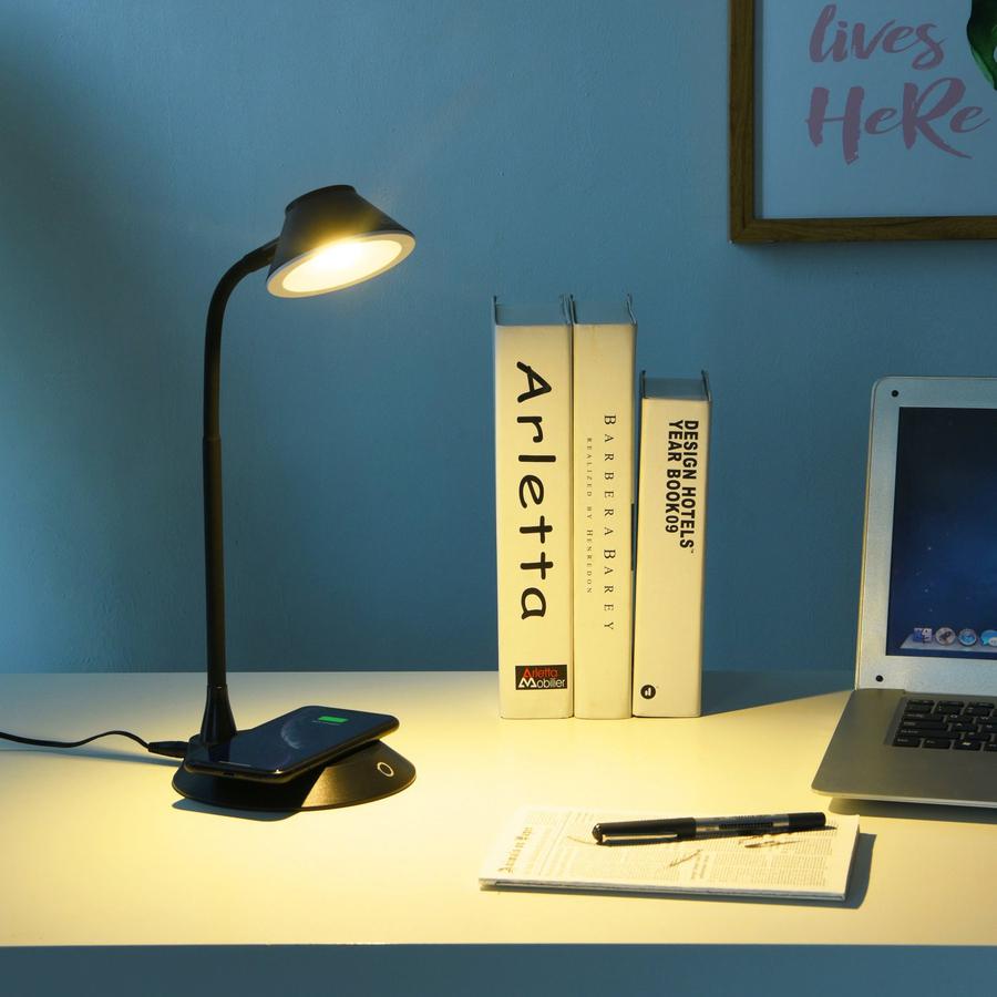 Data Accessories Company MP-323 LED Desk Lamp - 5 W LED Bulb - Adjustable Brightness, Qi Wireless Charging, Flicker-free, Glare-free Light, Dimmable, Touch Sensitive Control Panel, Flexible Neck - Des. Picture 2
