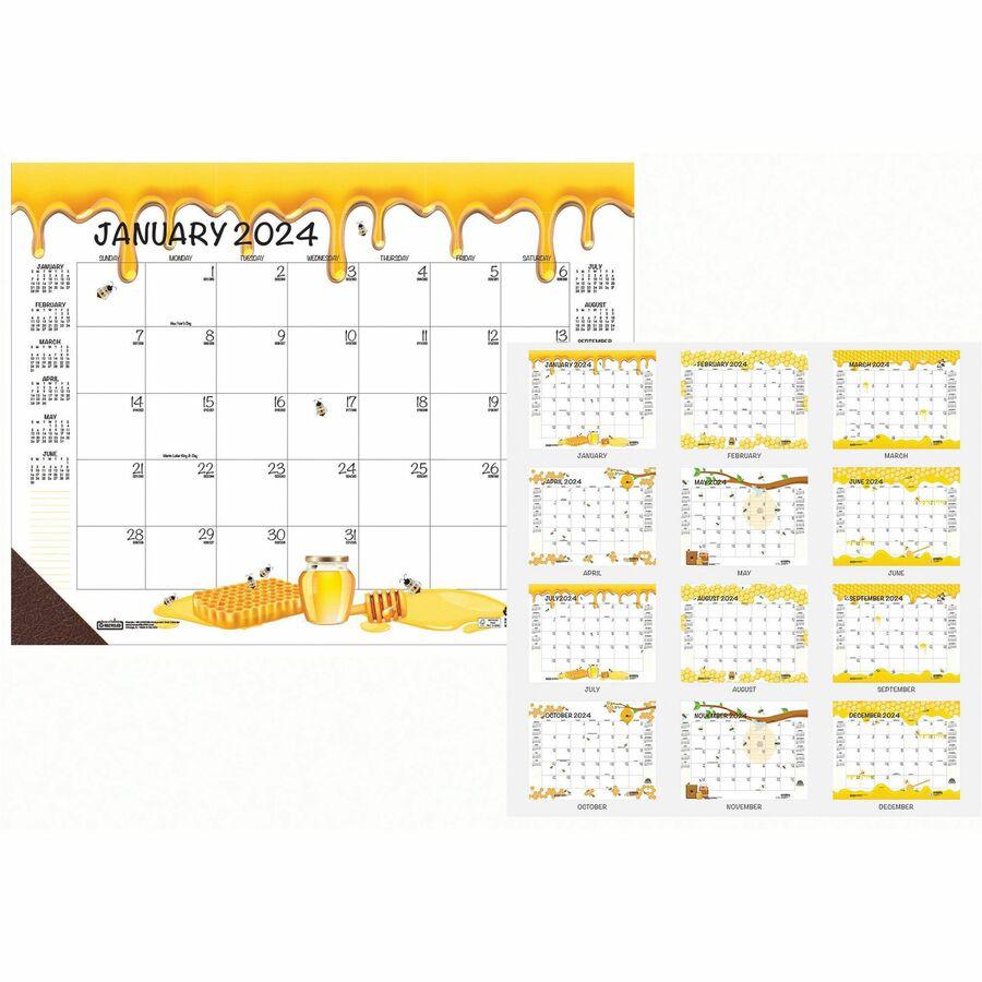 House of Doolittle Honeycomb Monthly Desk Pad Calendar - Julian Dates - Monthly - 12 Month - January 2024 - December 2024 - 22" x 17" Sheet Size - Desk Pad - Yellow - Reinforced Corner, Note Page - 1 . Picture 2