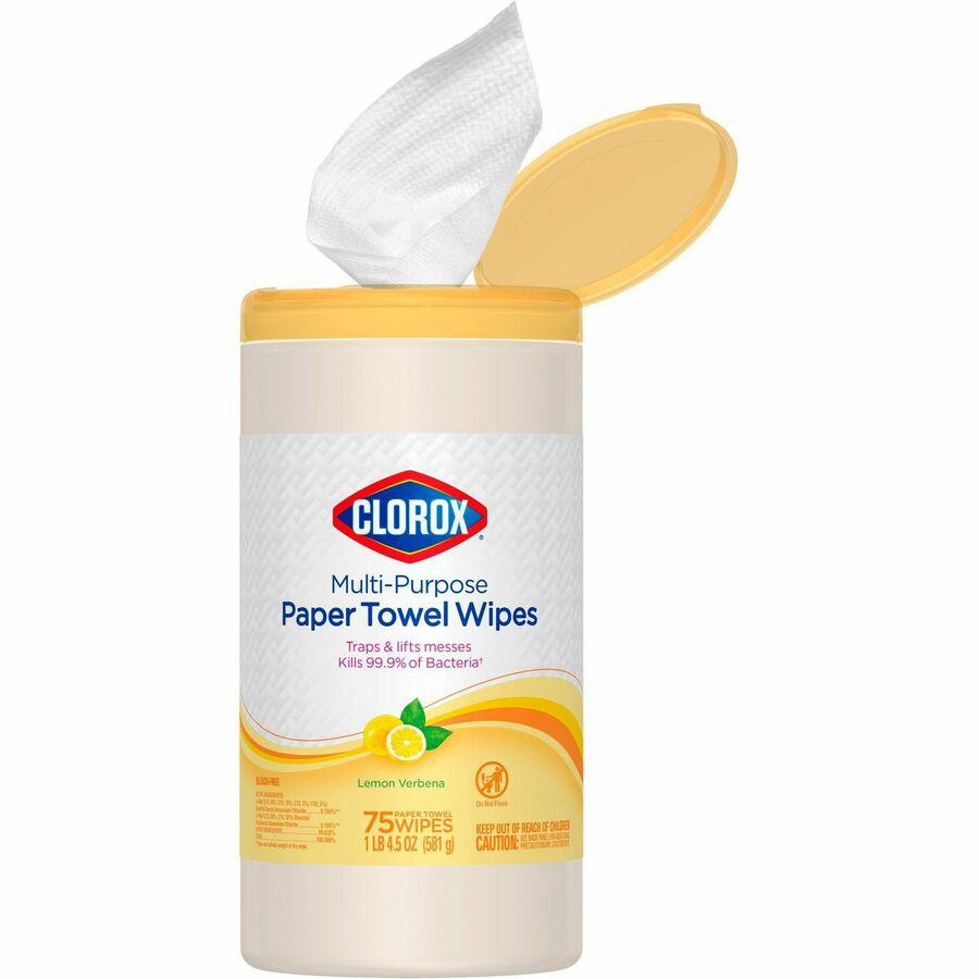 Clorox Multipurpose Paper Towel Wipes - Ready-To-Use Wipe - Lemon Verbena Scent - 75 / Canister - 1 Each - White. Picture 2