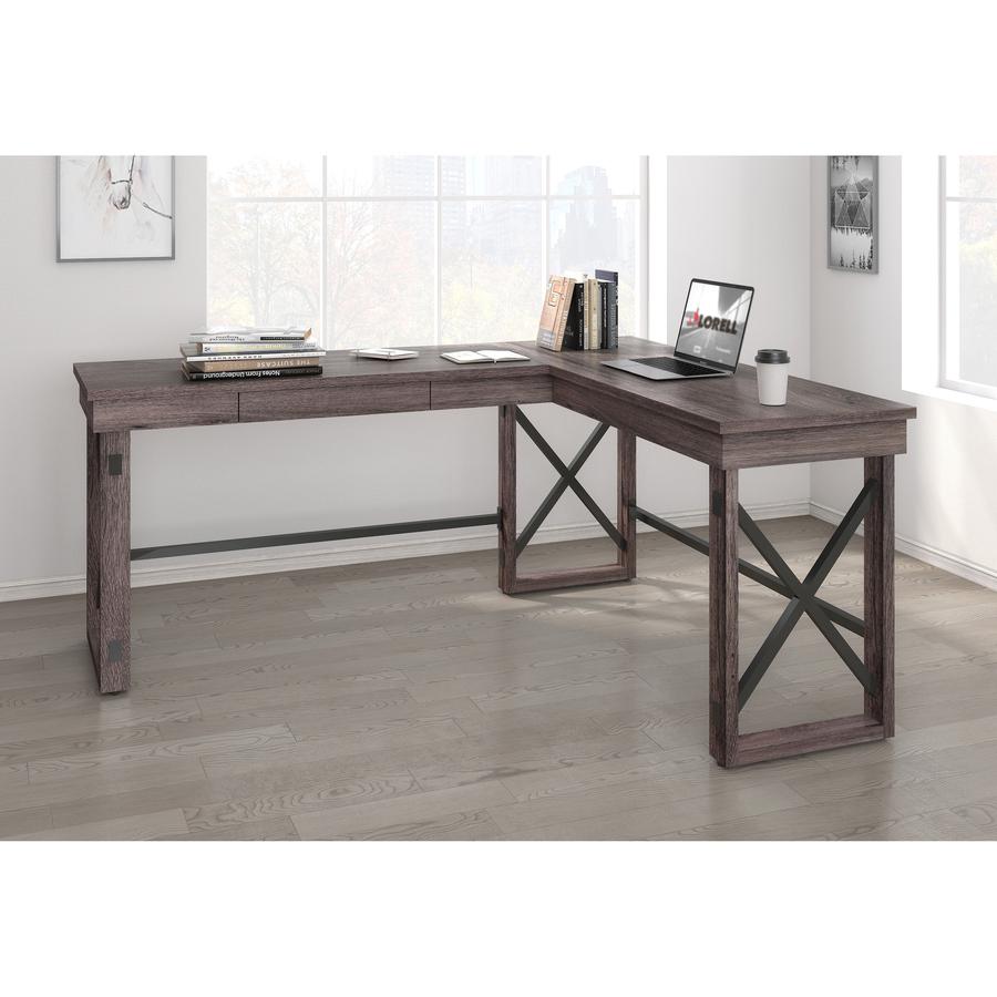 LYS L-Shaped Industrial Desk - L-shaped Top - 200 lb Capacity x 52.13" Table Top Width x 19.75" Table Top Depth - 29.50" Height - Assembly Required - Aged Oak - Medium Density Fiberboard (MDF) - 1 Eac. Picture 2