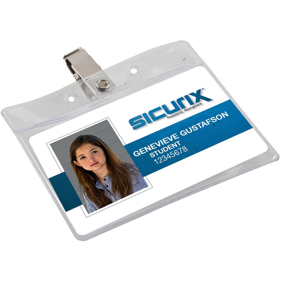 SICURIX Horizontal Badge Holder with Clip - 2.5" x 3.5" x - Vinyl - 50 / Pack - Clear. Picture 2
