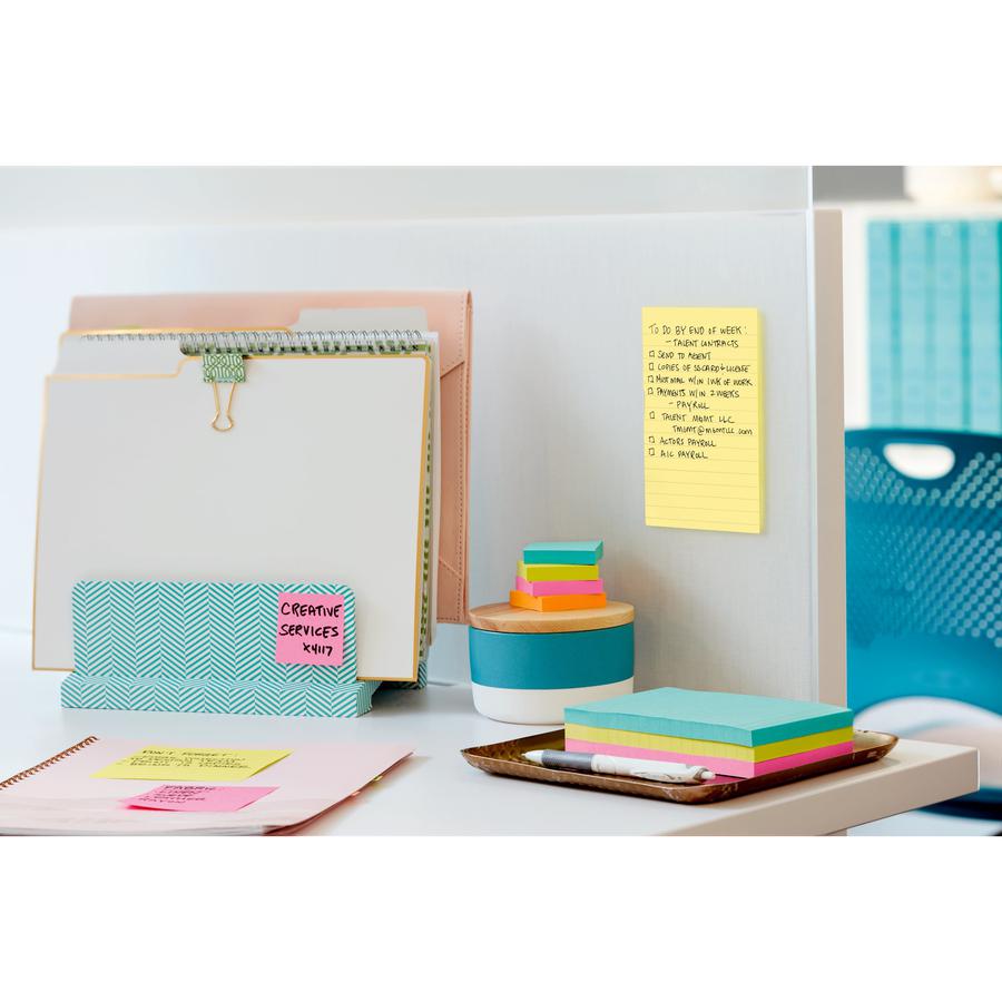 Post-it&reg; Lined Notes - 500 - 4" x 6" - Rectangle - 100 Sheets per Pad - Ruled - Yellow - Paper - Self-adhesive, Repositionable - 5 / Pack. Picture 2