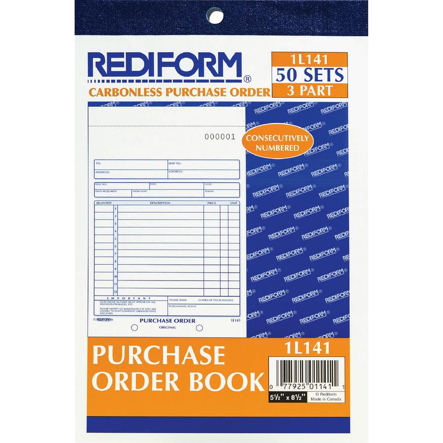 Rediform 3-Part Carbonless Purchase Order Book - 50 Sheet(s) - 3 PartCarbonless Copy - 5.50" x 7.87" Sheet Size - White, Canary, Pink - Blue Print Color - 1 Each. Picture 3