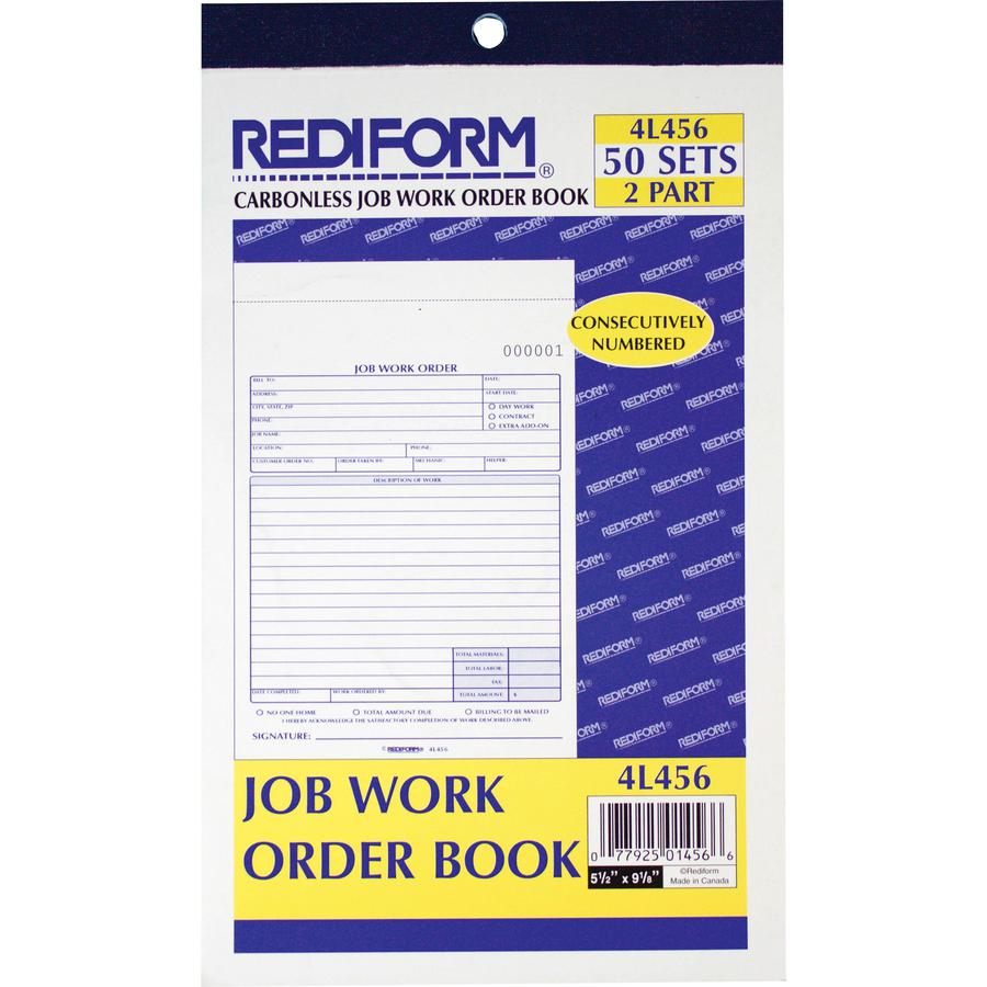 Rediform 2-part Job Work Order Book - 50 Sheet(s) - 2 PartCarbonless Copy - 5.50" x 8.50" Sheet Size - Assorted Sheet(s) - Blue, Red Print Color - 1 Each. Picture 2