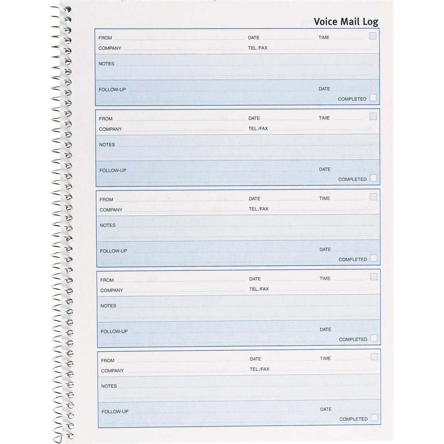 Rediform Follow-Up Voice Mail Log Book - 500 Sheet(s) - Wire Bound - 1 Part - 8" x 10.62" Sheet Size - White Sheet(s) - Blue Print Color - Recycled - 1 Each. Picture 3