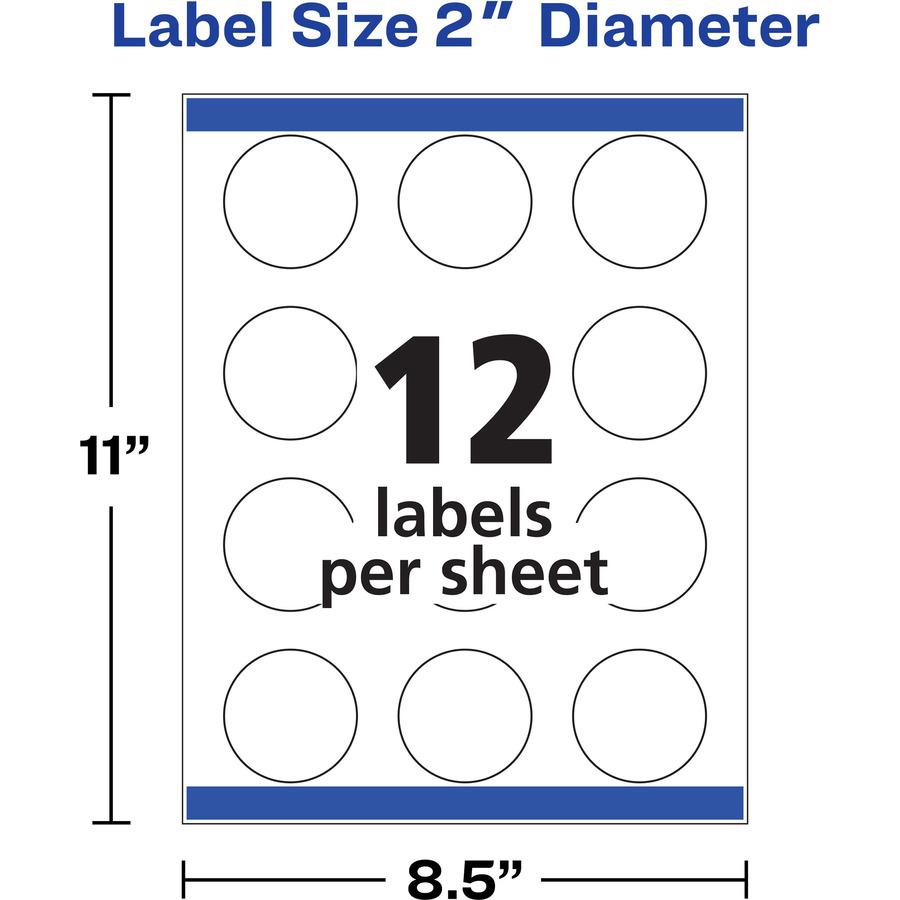 Avery&reg; Glossy White Round Labels2" Diameter - - Width2" Diameter - Permanent Adhesive - Round - Laser, Inkjet - Bright White - Paper - 12 / Sheet - 10 Total Sheets - 120 Total Label(s) - 120 / Pac. Picture 4