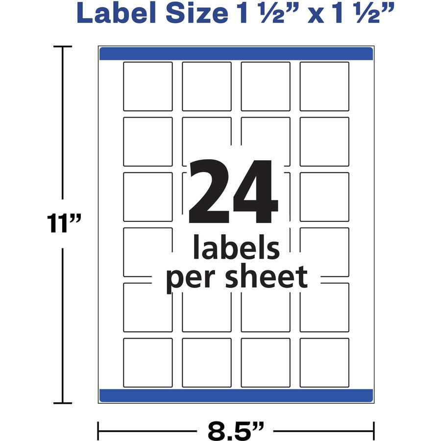 Avery&reg; Print-to-the-Edge Easy Peel Square Labels - 1 1/2" Width x 1 1/2" Length - Permanent Adhesive - Square - Laser, Inkjet - Matte White - Paper - 24 / Sheet - 25 Total Sheets - 600 Total Label. Picture 3
