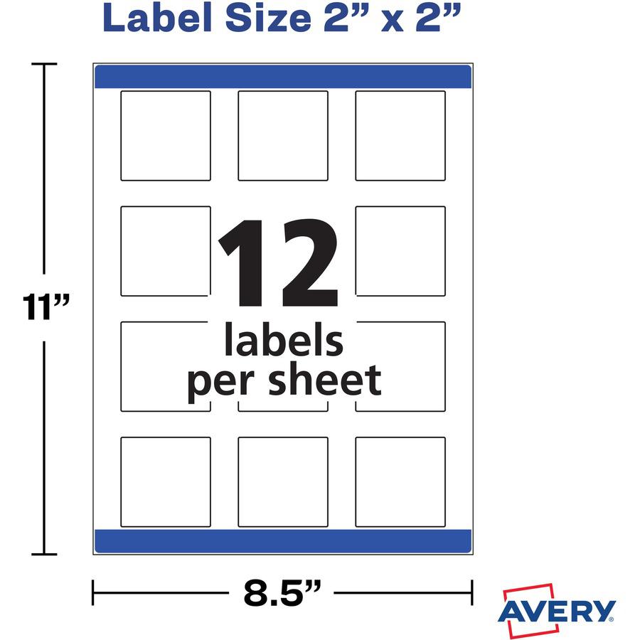 Avery&reg; Matte White Square Labels2" x 2" - 2" Width x 2" Length - Permanent Adhesive - Square - Laser, Inkjet - Matte White - Paper - 12 / Sheet - 25 Total Sheets - 300 Total Label(s) - 300 / Pack. Picture 3