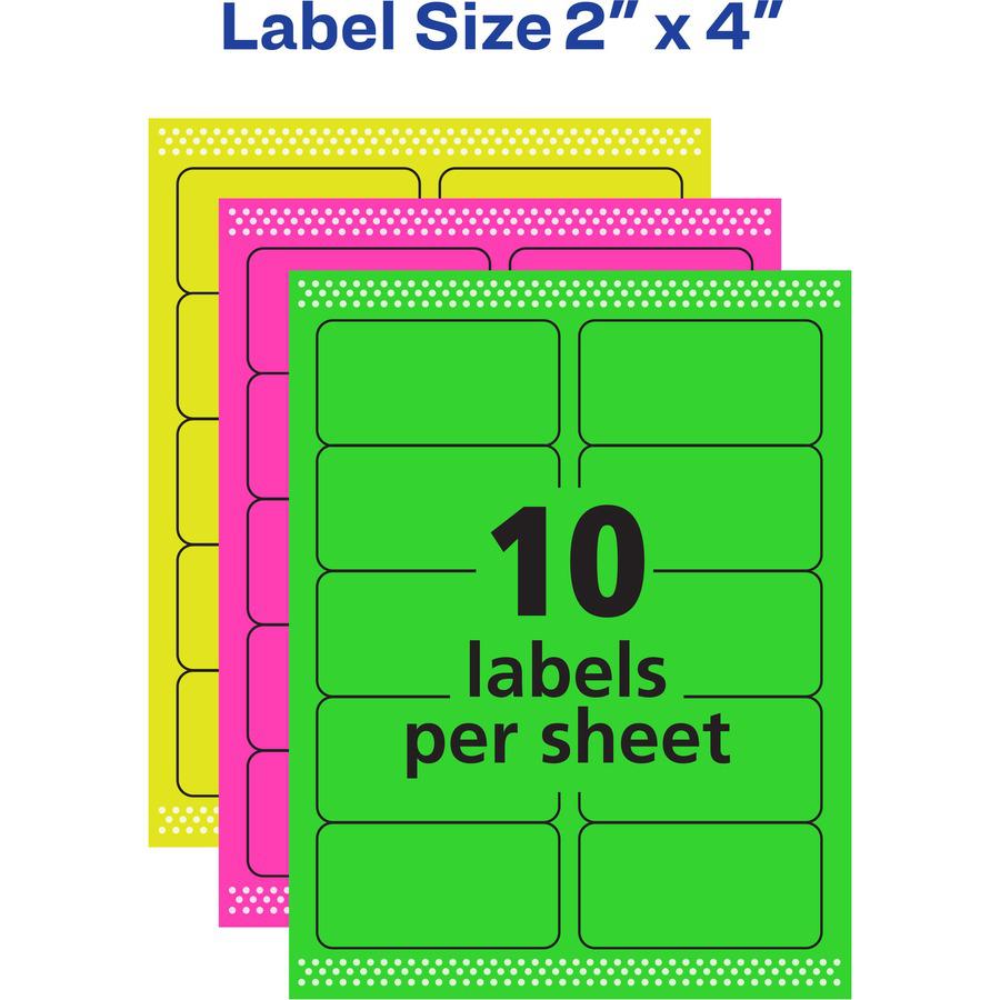 Avery&reg; 2"x 4" Neon Shipping Labels with Sure Feed, 1,000 Labels (5964) - 2" Width x 4" Length - Permanent Adhesive - Rectangle - Laser - Neon Magenta, Neon Green, Neon Yellow - Paper - 10 / Sheet . Picture 2