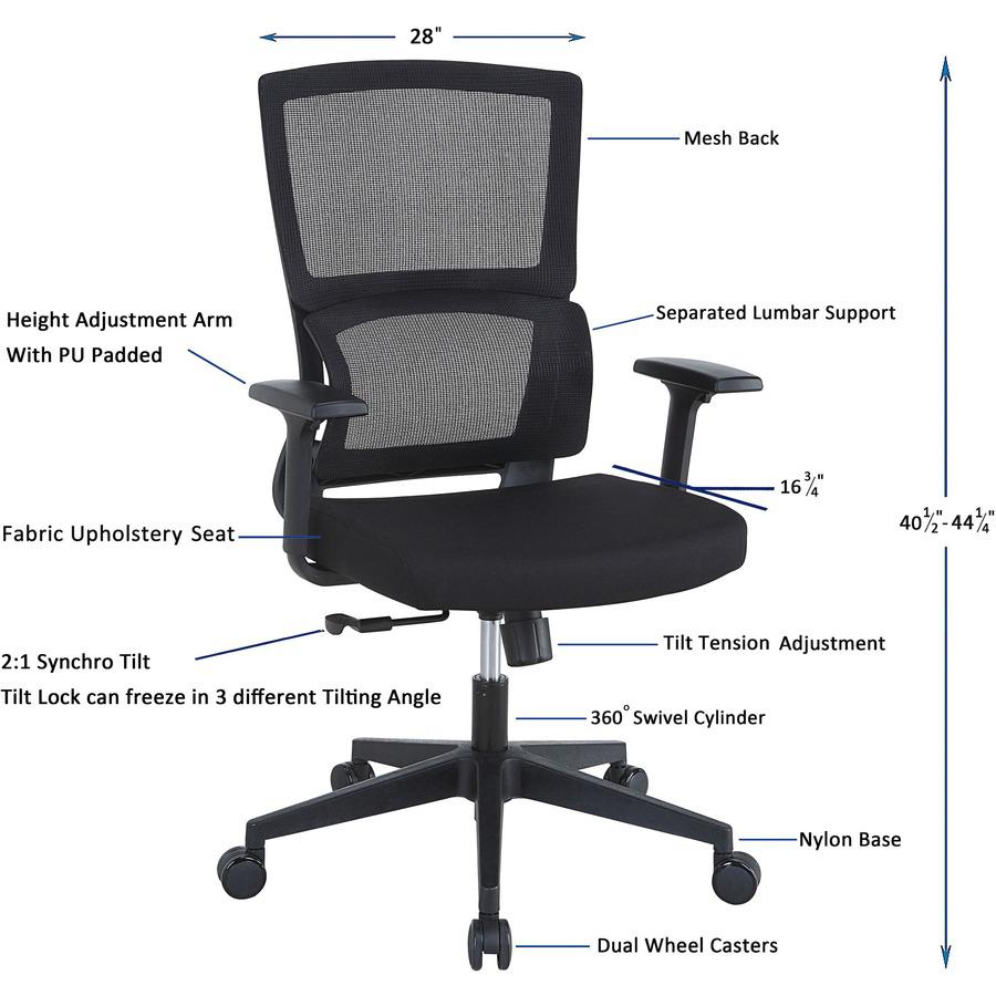 Lorell Mid-back Mesh Chair - Black Fabric Seat - Black Mesh Back - Mid Back - 5-star Base - Armrest - 1 Each. Picture 7