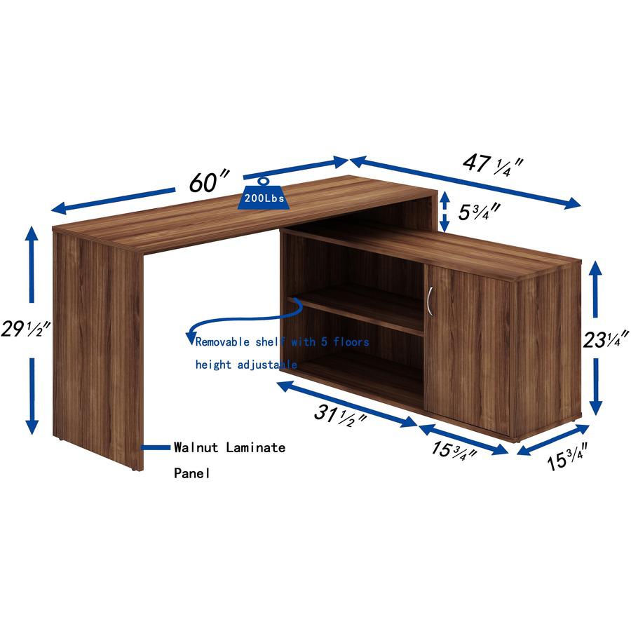 LYS L-Shape Workstation with Cabinet - Laminated L-shaped Top - 200 lb Capacity - 29.50" Height x 60" Width x 47.25" Depth - Assembly Required - Walnut - Particleboard - 1 Each. Picture 12
