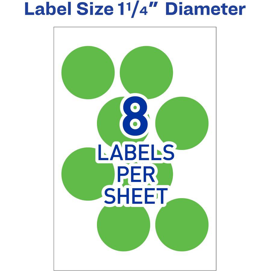 Avery&reg; 1-1/4" Color-Coding Labels - - Height1 1/4" Diameter - Removable Adhesive - Round - Laser - Neon Green - 12 / Sheet - 400 / Pack. Picture 3