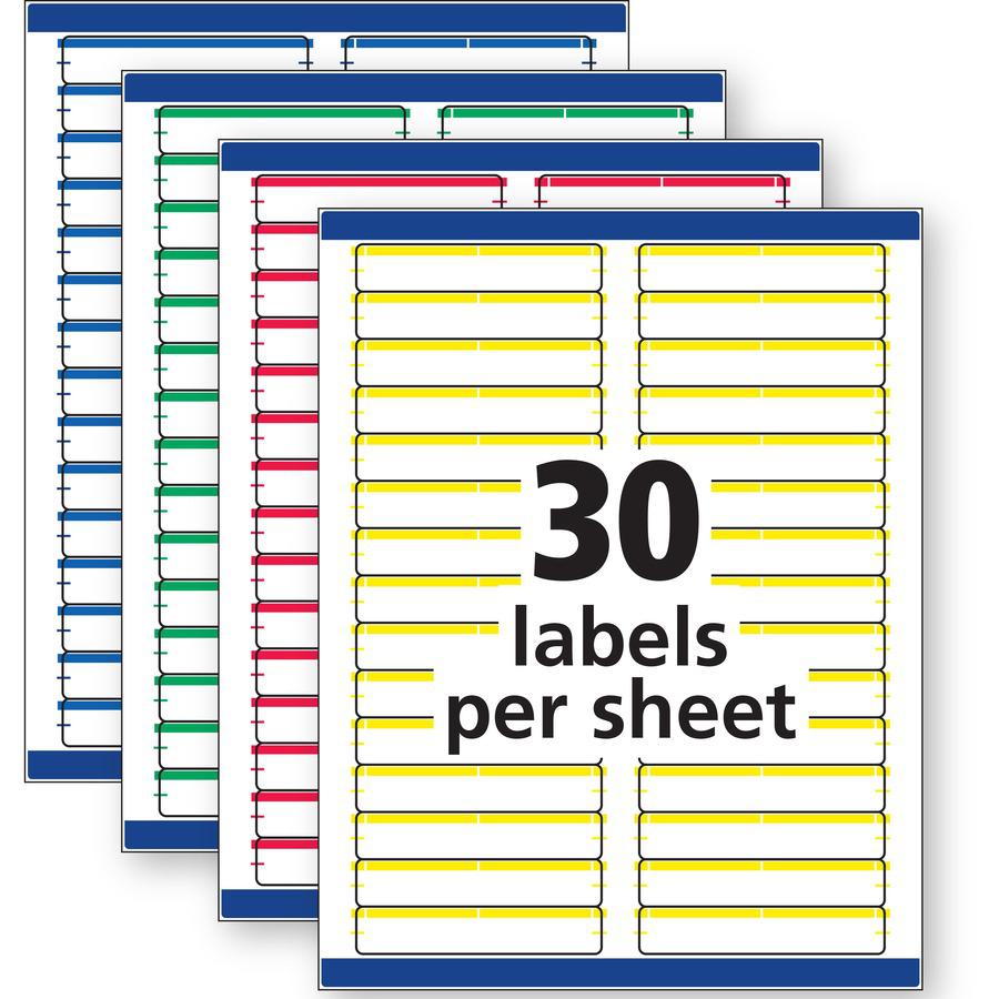 Avery&reg; Removable Laser/Inkjet Filing Labels - 21/32" Width x 3 7/16" Length - Removable Adhesive - Rectangle - Laser, Inkjet - Blue, Green, Red, White, Yellow - Paper - 30 / Sheet - 25 Total Sheet. Picture 2