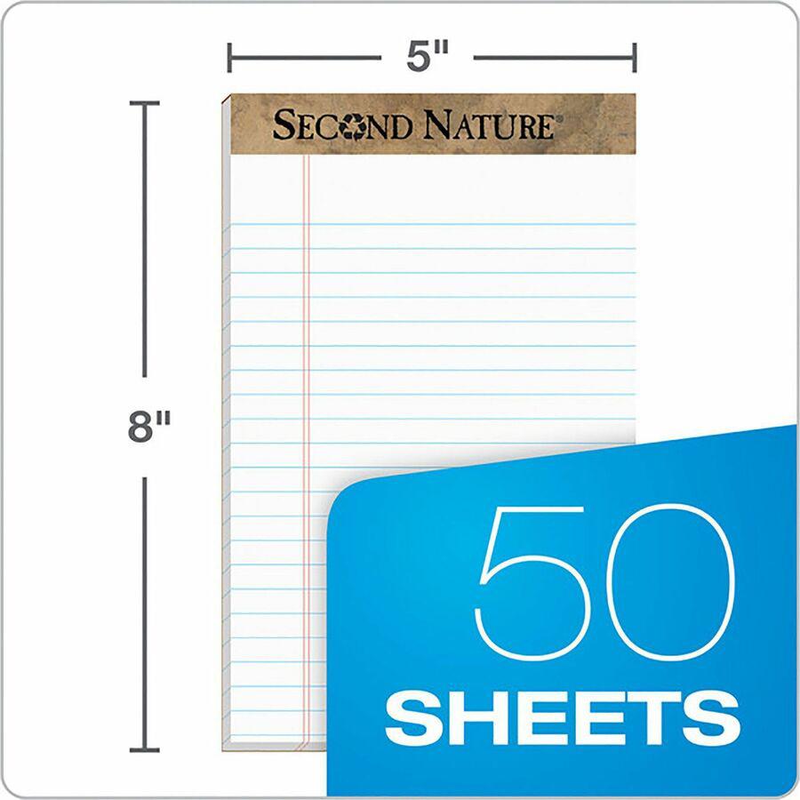 TOPS Second Nature Recycled Writing Pads - 50 Sheets - 0.28" Ruled - 16 lb Basis Weight - Jr.Legal - 5" x 8" - White Paper - Perforated - Recycled - 1 Dozen. Picture 7