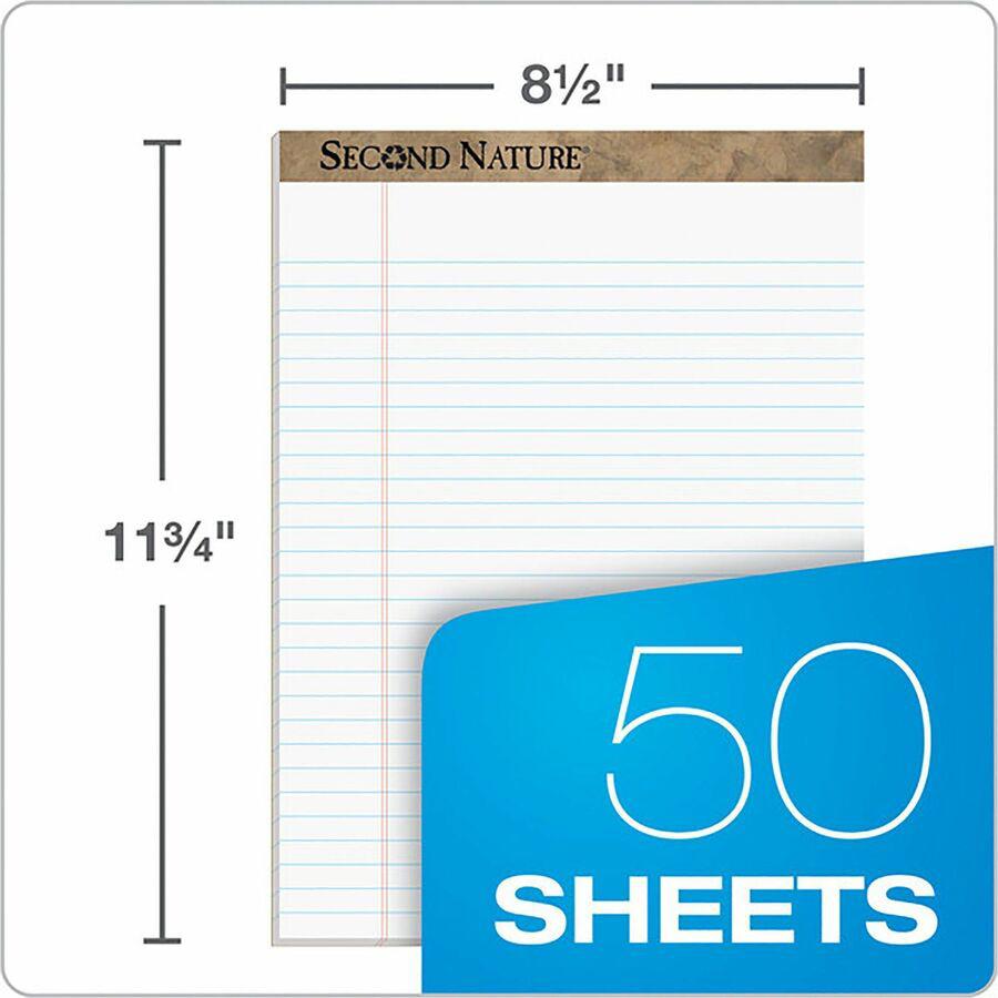 TOPS Second Nature Legal Rule Recycled Writing Pad - 50 Sheets - 0.34" Ruled - Red Margin - 15 lb Basis Weight - 8 1/2" x 11 3/4" - White Paper - Perforated, Resist Bleed-through, Easy Tear - Recycled. Picture 7