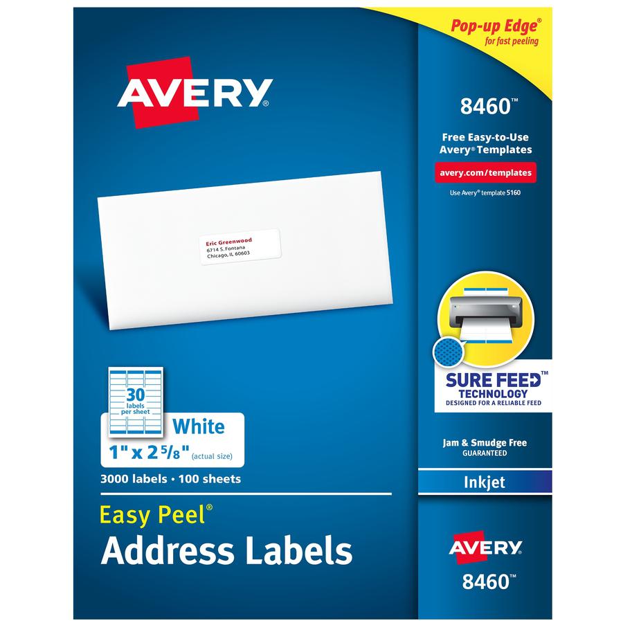 Avery&reg; Easy Peel White Inkjet Mailing Labels - 1" Width x 2 5/8" Length - Permanent Adhesive - Rectangle - Inkjet - White - Paper - 30 / Sheet - 100 Total Sheets - 3000 Total Label(s) - 3000 / Box. Picture 4