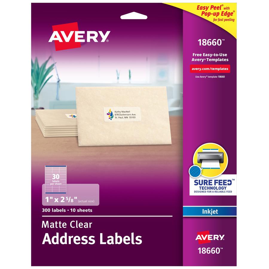 Avery&reg; Matte Clear Address Labels - Sure Feed Technology - 1" Width x 2 5/8" Length - Permanent Adhesive - Rectangle - Inkjet - Clear - Film - 30 / Sheet - 10 Total Sheets - 300 Total Label(s) - 3. Picture 3