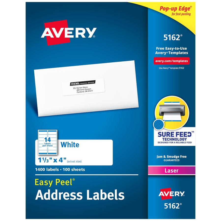 Avery&reg; Easy Peel Mailing Laser Labels - 1 21/64" Width x 4" Length - Permanent Adhesive - Rectangle - Laser - White - Paper - 14 / Sheet - 100 Total Sheets - 1400 Total Label(s) - 1400 / Box. Picture 2