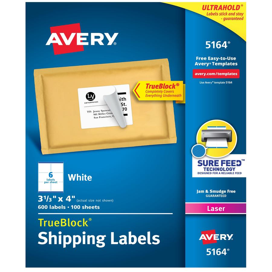Avery&reg; TrueBlock&reg; Shipping Labels, Sure Feed&reg; Technology, Permanent Adhesive, 3-1/3" x 4" , 600 Labels (5164) - Avery&reg; Shipping Labels, Sure Feed, 3-1/3" x 4" , 600 White Labels (5164). Picture 4