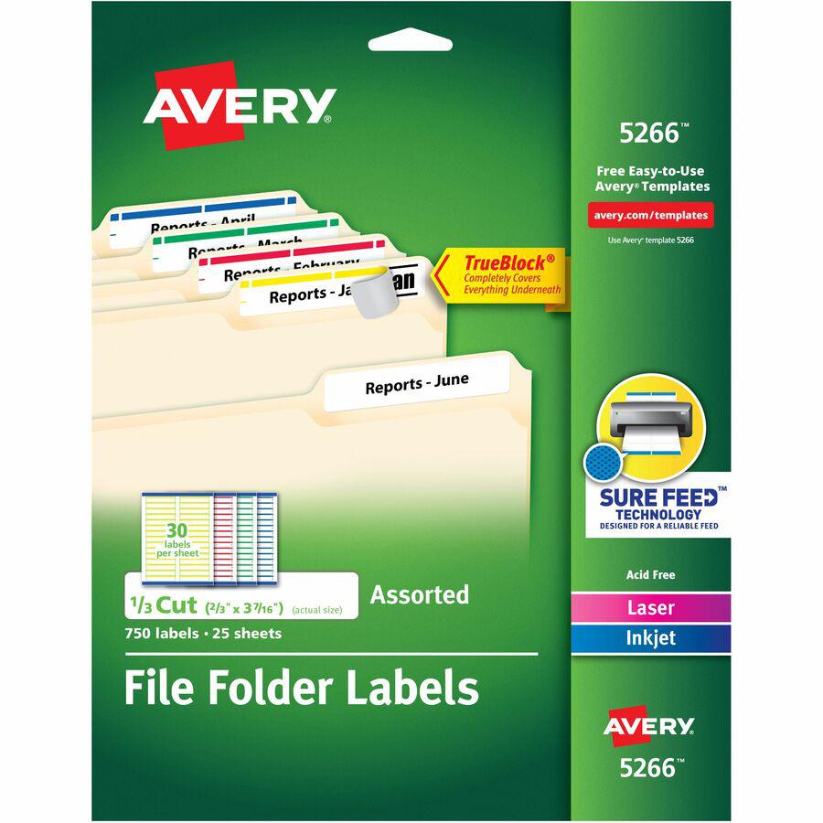 Avery&reg; TrueBlock File Folder Labels - Permanent Adhesive - Rectangle - Laser, Inkjet - Blue, Green, Red, White, Yellow - Paper - 30 / Sheet - 25 Total Sheets - 750 Total Label(s) - 750 / Pack. Picture 8