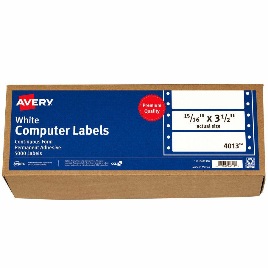 Avery&reg; Continuous Form Computer Labels - 15/16" Width x 3 1/2" Length - Permanent Adhesive - Rectangle - Dot Matrix - White - 1 / Sheet - 5000 Total Label(s) - 5000 / Box. Picture 3