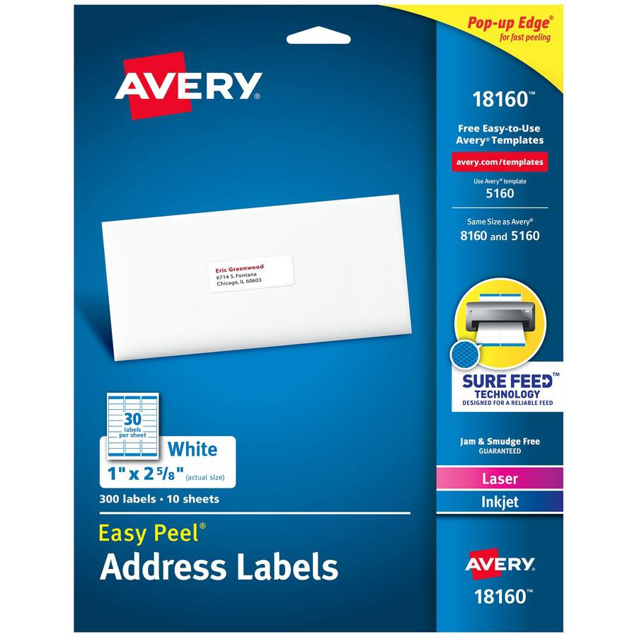 Avery&reg; Easy Peel Address Labels - Sure Feed Technology - 1/2" Width x 2 5/8" Length - Permanent Adhesive - Rectangle - Laser, Inkjet - White - Paper - 30 / Sheet - 10 Total Sheets - 300 Total Labe. Picture 4