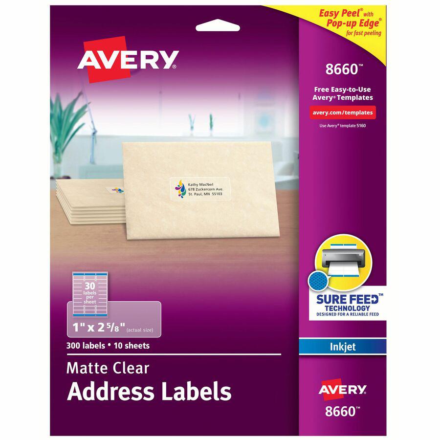 Avery&reg; Easy Peel Inkjet Printer Mailing Labels - 1" Width x 2 5/8" Length - Permanent Adhesive - Rectangle - Inkjet - Clear - Film - 30 / Sheet - 25 Total Sheets - 750 Total Label(s) - 750 / Pack. Picture 4