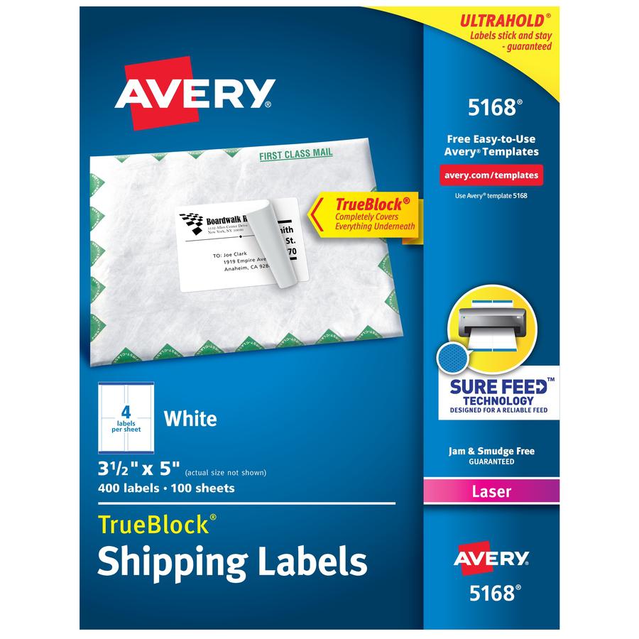 Avery&reg; Shipping Labels, Sure Feed, 3-1/2" x 5" , 400 Labels (5168) - 3 1/2" Width x 5" Length - Permanent Adhesive - Rectangle - Laser - White - Paper - 4 / Sheet - 100 Total Sheets - 400 Total La. Picture 6