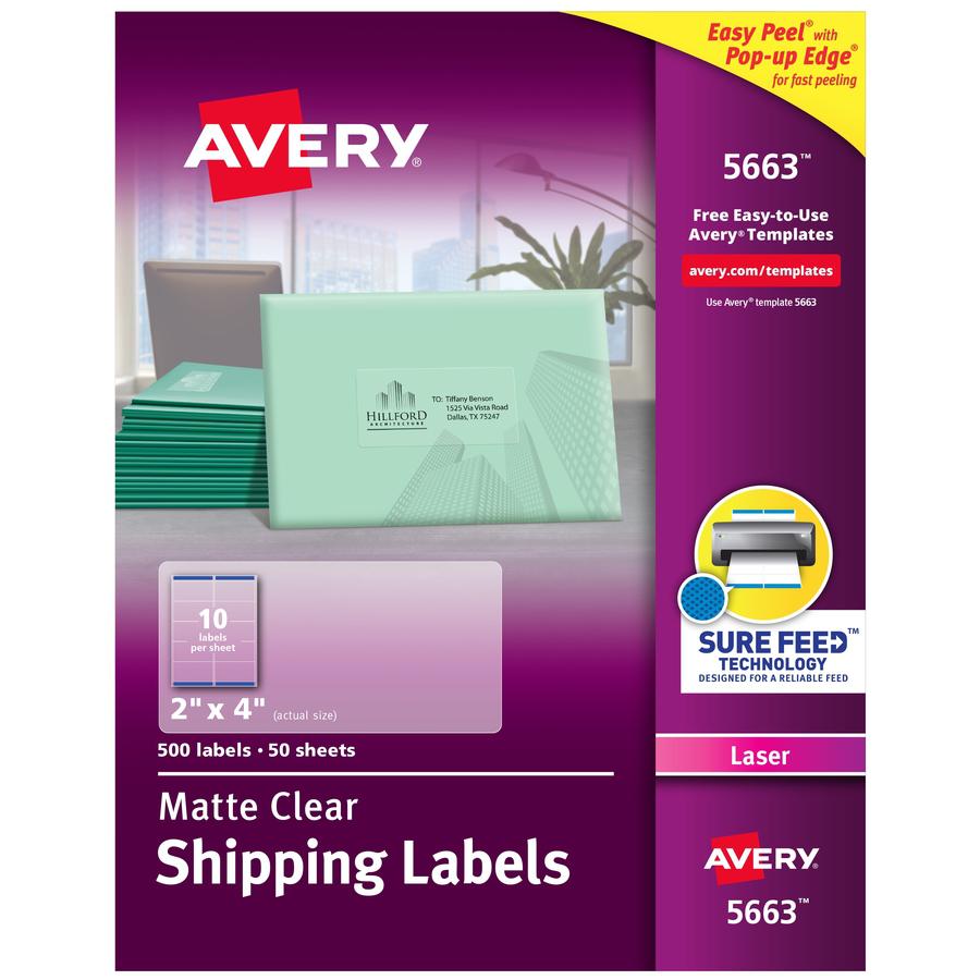Avery&reg; Clear Shipping Labels, Sure Feed, 2" x 4" , 500 Labels (5663) - 2" Width x 4" Length - Permanent Adhesive - Rectangle - Laser - Clear - Film - 10 / Sheet - 50 Total Sheets - 500 Total Label. Picture 3