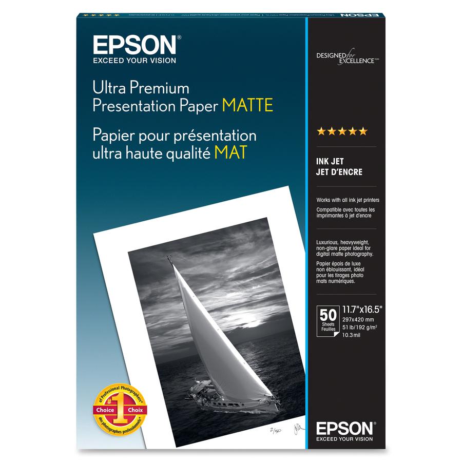 Epson Ultra Premium Matte Presentation Paper - 104 Brightness - 94% Opacity - A3 - 11 45/64" x 16 1/2" - Matte - 50 / Pack - White. Picture 2