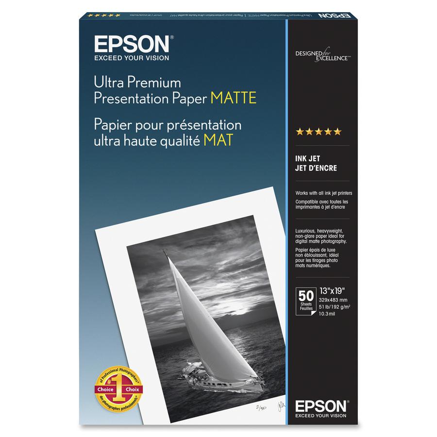 Epson Ultra Premium Matte Presentation Paper - 104 Brightness - 94% Opacity - Super B - 13" x 19" - Matte - 50 / Pack - White. Picture 2