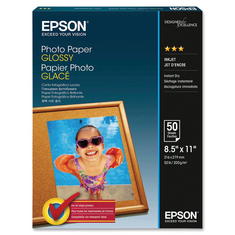 Epson Glossy Finish Photo Paper - 92 Brightness - 96% Opacity - Letter - 8 1/2" x 11" - 52 lb Basis Weight - Glossy - 50 / Pack - White. Picture 2