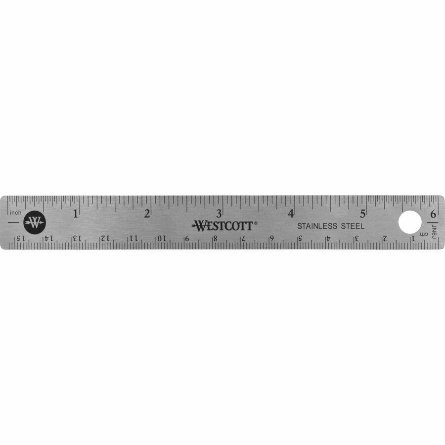 Westcott Stainless Steel Rulers - 6" Length 0.8" Width - 1/16, 1/32 Graduations - Metric, Imperial Measuring System - Stainless Steel - 1 Each - Stainless Steel. Picture 2