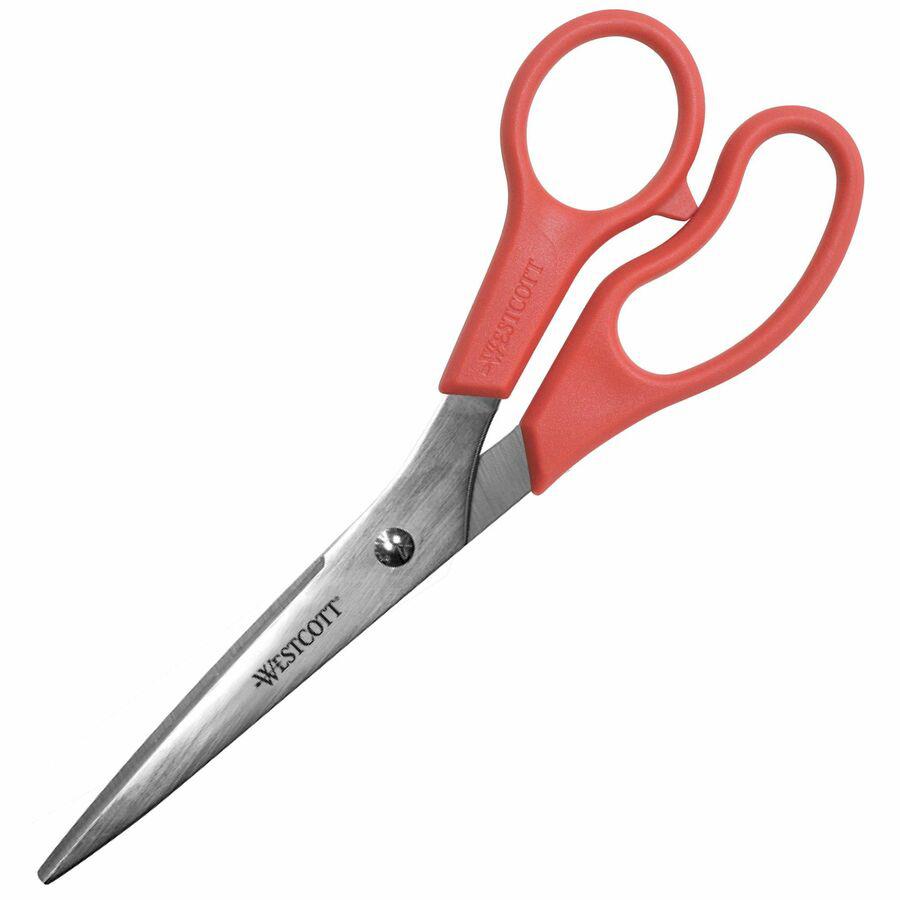 Westcott Stainless Steel 8" Straight Scissors - 3.50" Cutting Length - 8" Overall Length - Straight-left/right - Stainless Steel - Pointed Tip - Red, Silver - 1 Each. Picture 2