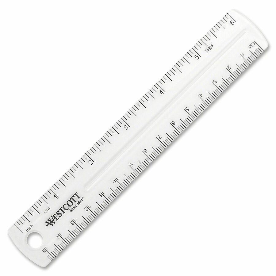 Westcott Clear Plastic Ruler - 6" Length 1" Width - 1/16 Graduations - Metric, Imperial Measuring System - Plastic - 1 Each - Clear. Picture 2