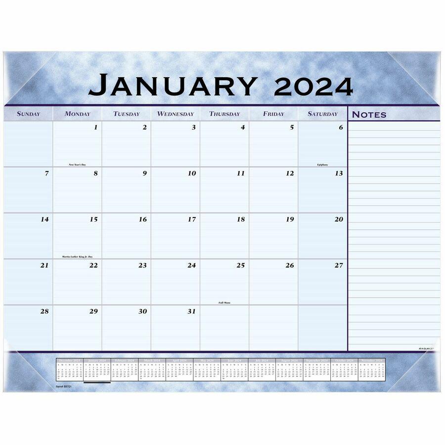 At-A-Glance Desk Pad - Standard Size - Monthly - 12 Month - January 2024 - December 2024 - 1 Month Single Page Layout - 21 3/4" x 17" Blue Sheet - 2.43" x 2.25" Block - Headband - Desk Pad - Wall Moun. Picture 2